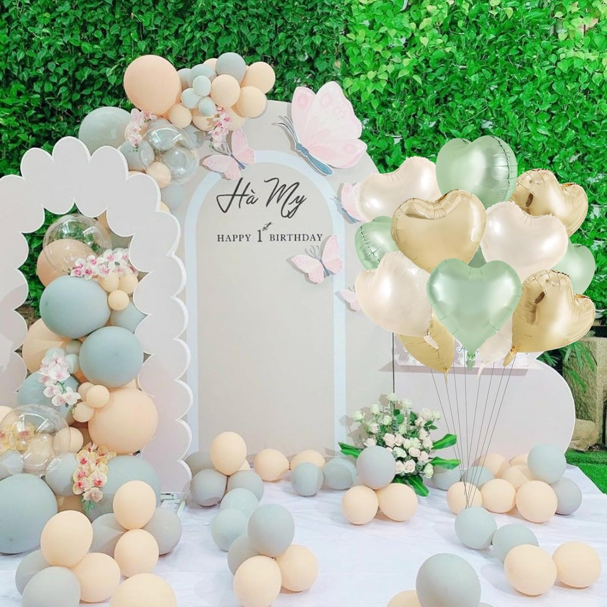 TONIFUL 15Pcs Sage Green Gold Heart Balloons 18 Inch Green Cream White Heart Shape Foil Mylar