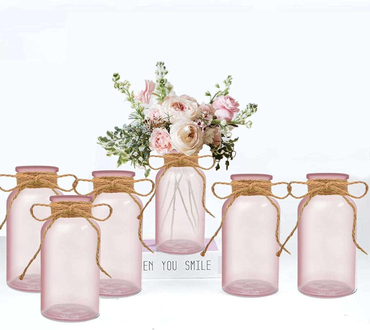 Vintage Glass Flower Vase，6 Pack Pink Farmhouse Glass Centerpiece Vases Mason Jars for Weddings