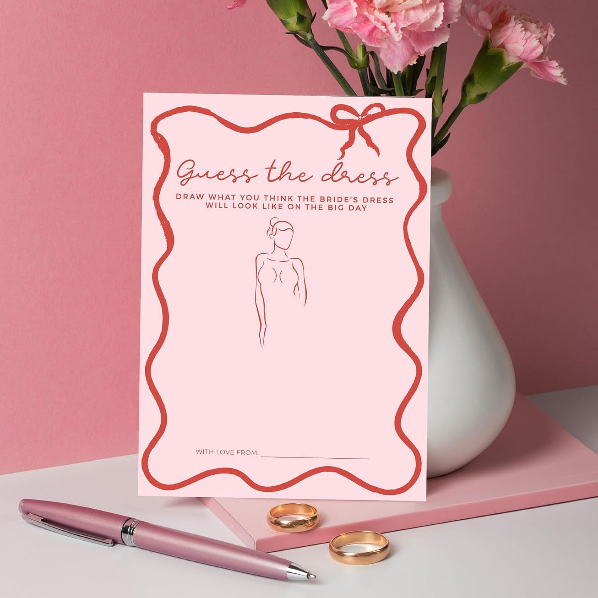 DEEKA 30 PCS Bridal Shower Games Card for 30 Guests Pink Wavy Border Ribbon Bow Funny Wedding