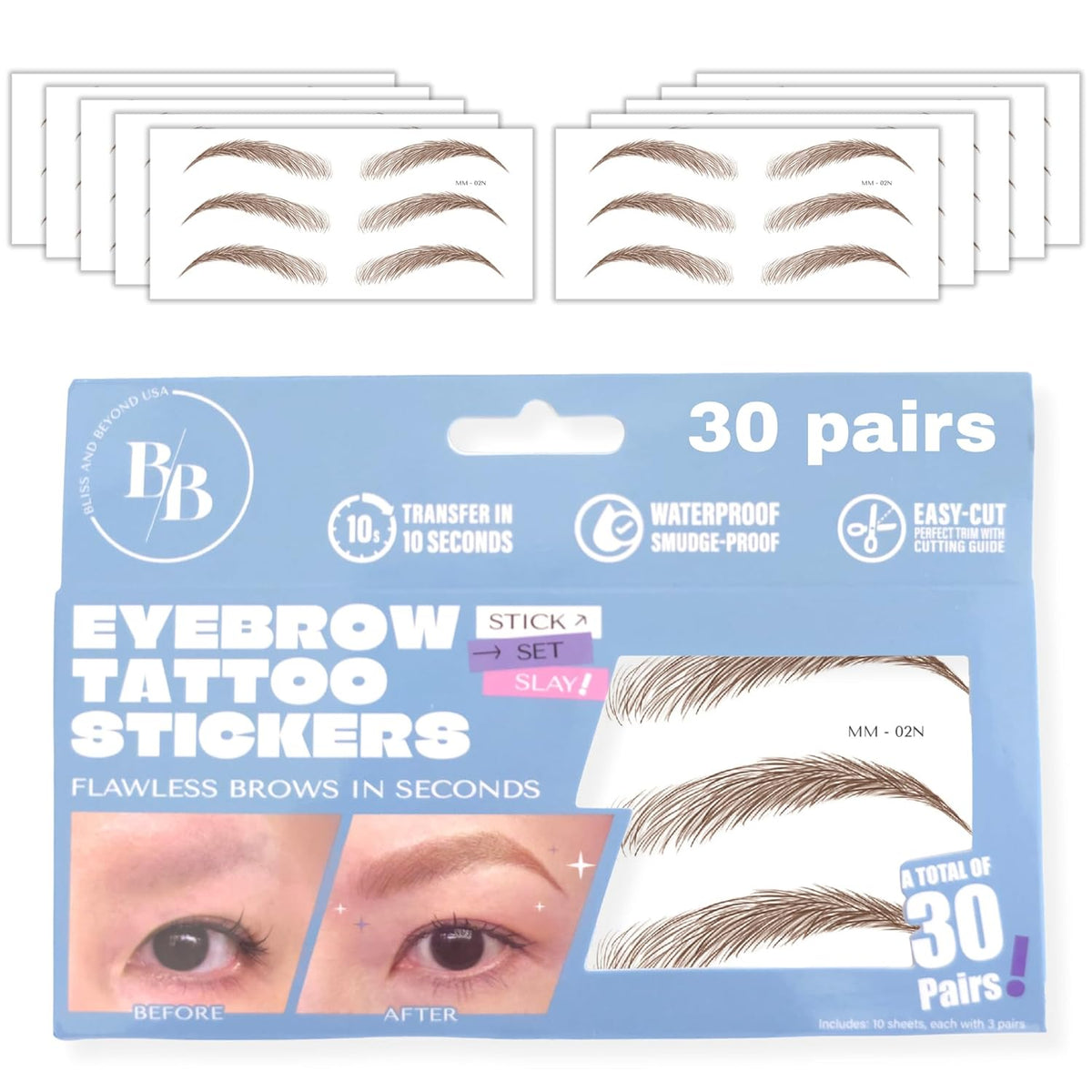Bliss and Beyond USA Eyebrow Tattoo Stickers Waterproof – 30-Pair Deluxe Box | Realistic Hair-Like