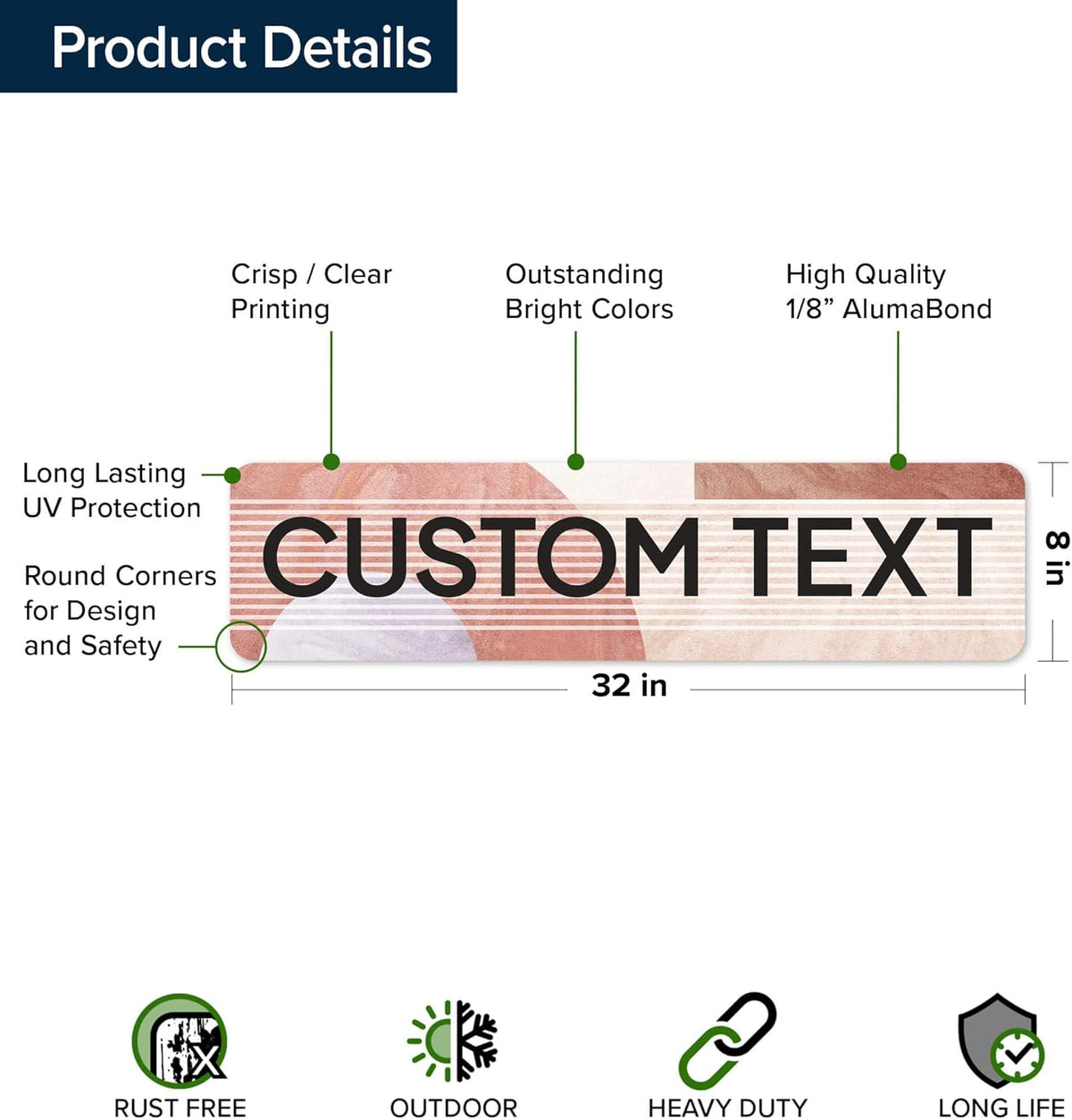 Custom Sign, Custom Street Sign, 11 Font Colors, 13 Font Styles, 4 Hole Options, 22 Sizes, 8x32