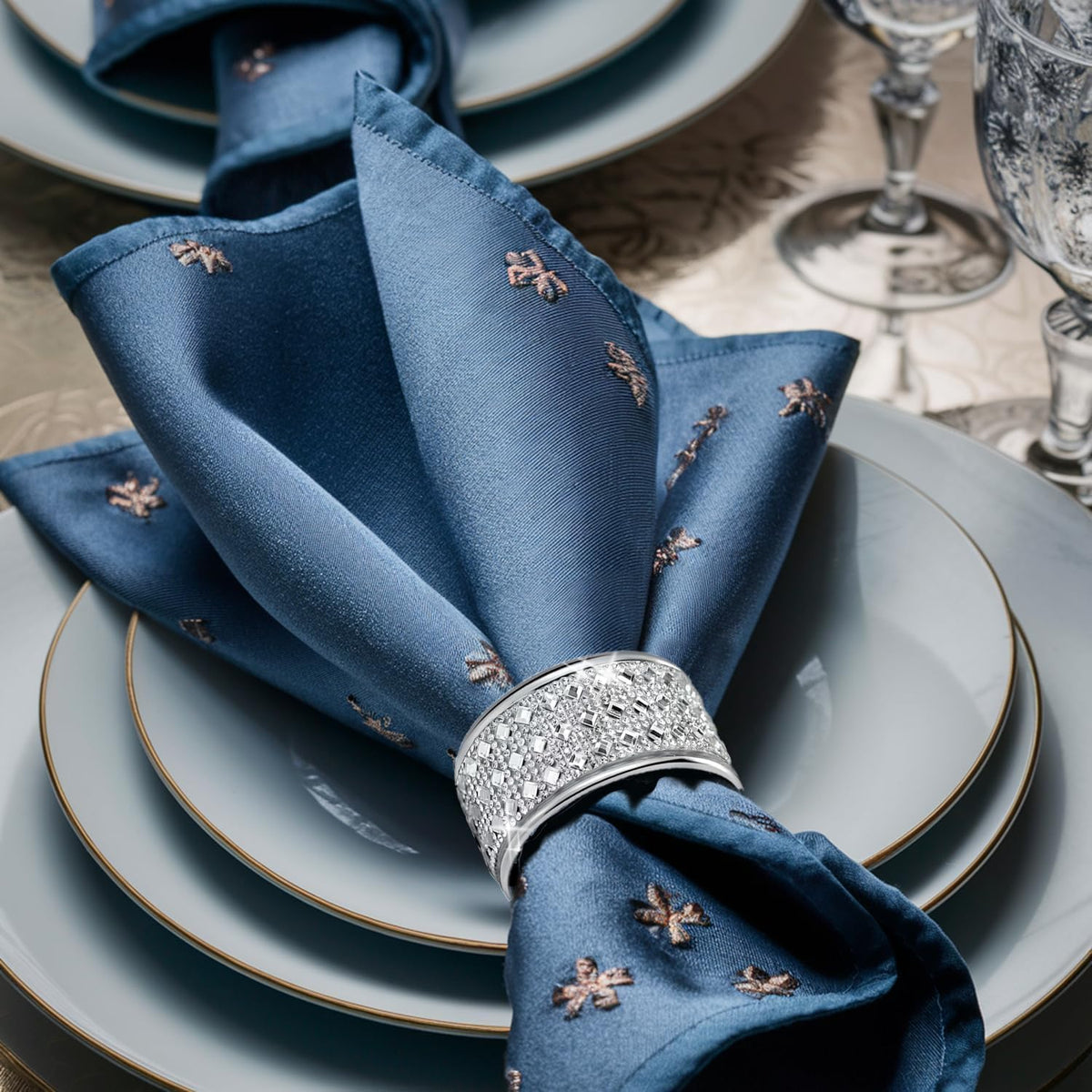 Silver Diamond Napkin Ring Set of 12 Rhinestone Crystal Glass Framed Napkin Holder for Table