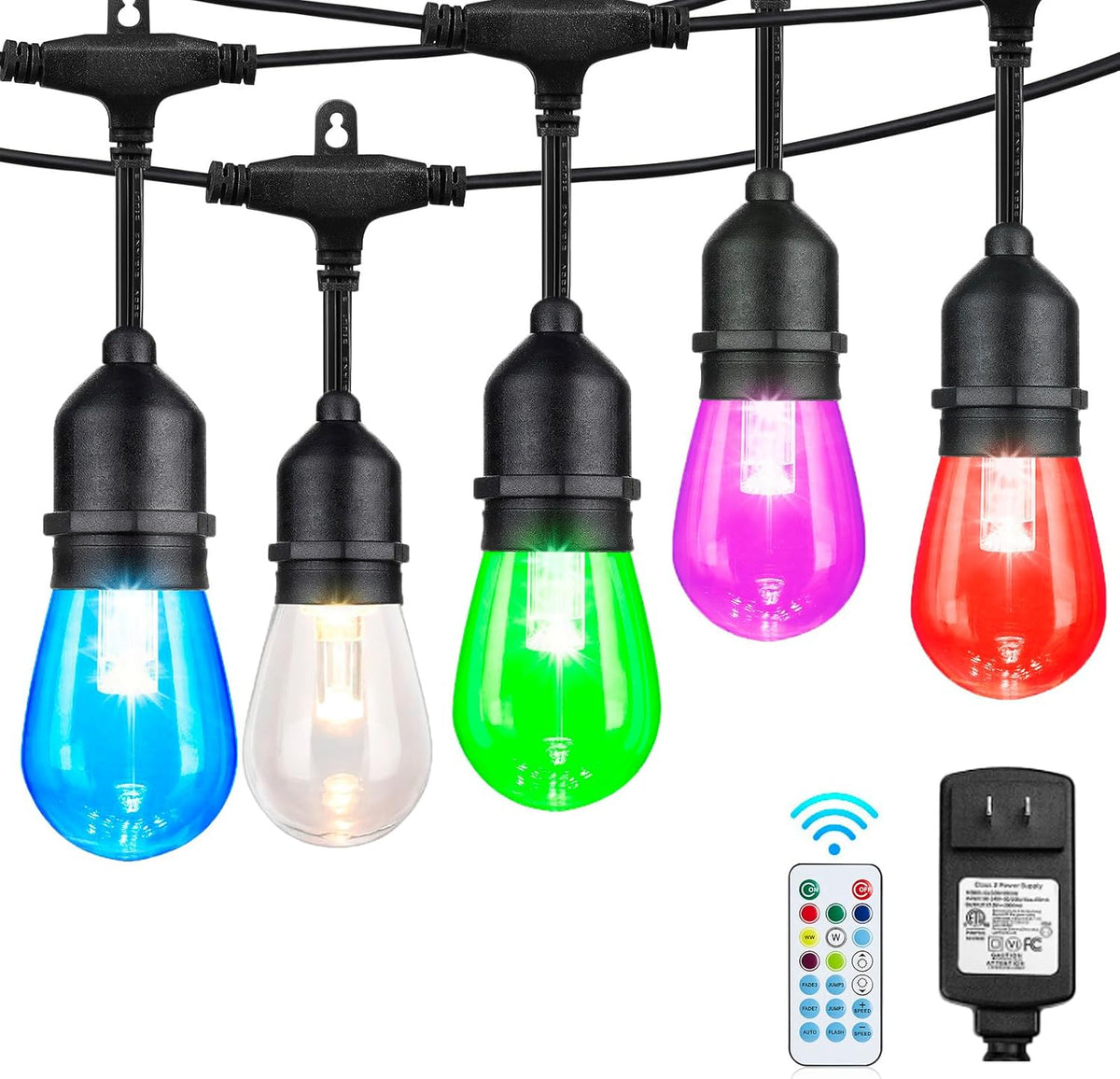 48FT RGB Outdoor String Lights, 15 Shatterproof Edison LED Bulbs, Waterproof Color Changing Patio