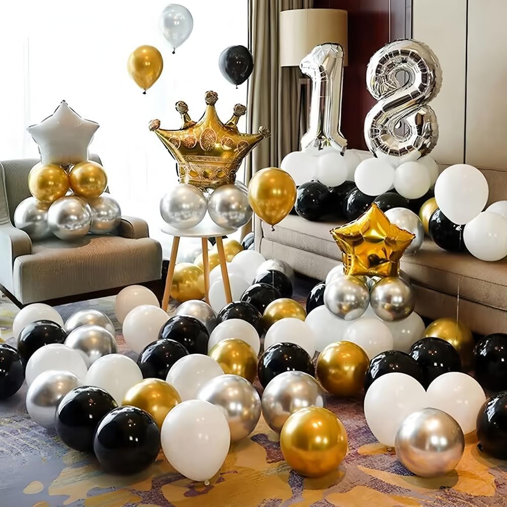 300 Pcs Gold Silver and Black White 5 Inch Balloons Metallic Chrome Shiny Assorted Colors Latex