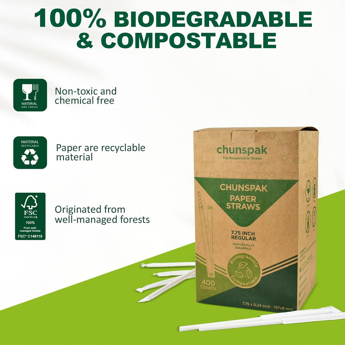 7.75 Inch Disposable Paper Drinking Straws Bulk Individually Wrapped, 0.24" Dia. (Plain White, 400