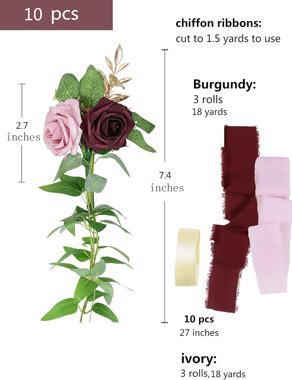 Meldel Wedding Aisle Decorations for Ceremony 10 Pcs/Set Burgundy Pink Rose Garland with Hanging