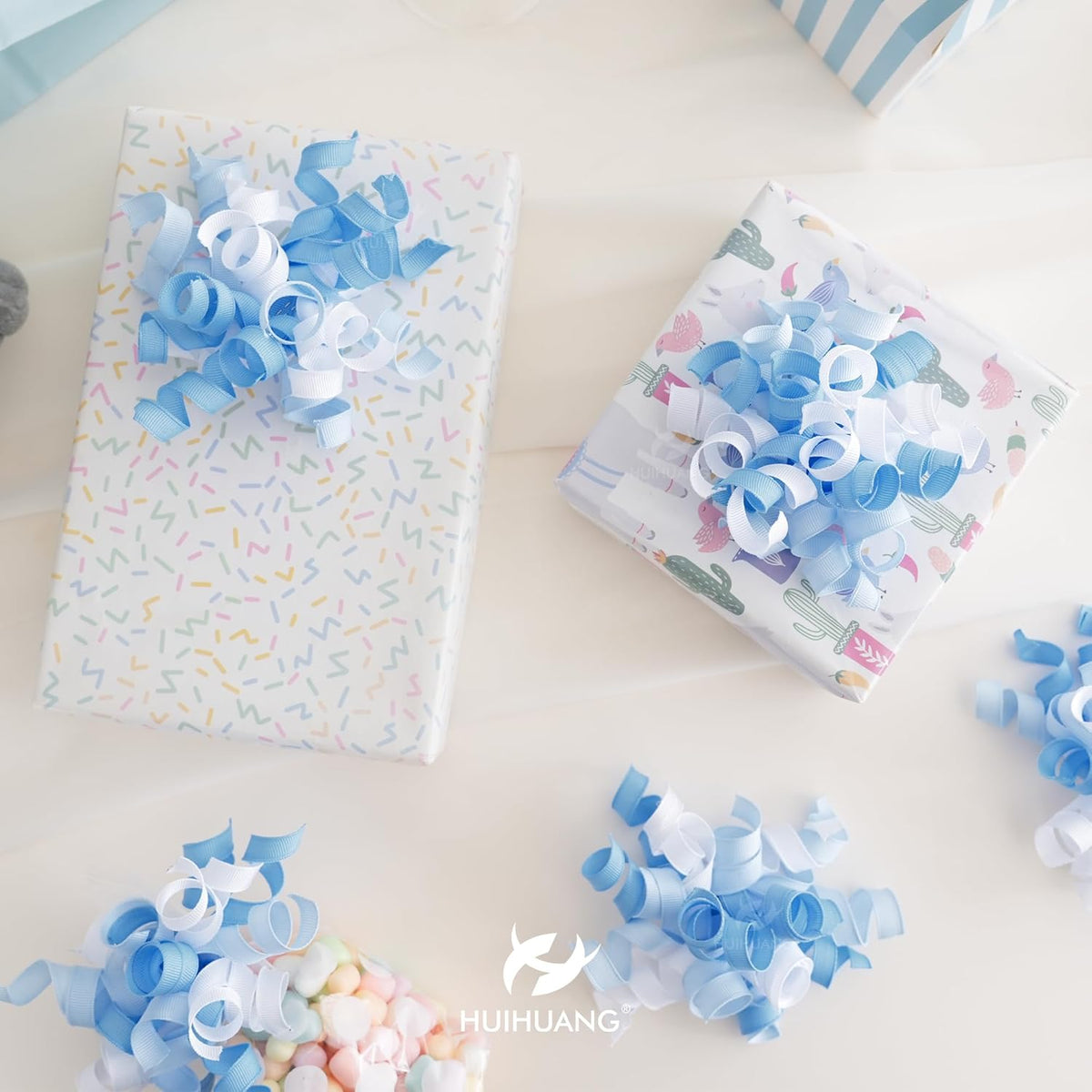 HUIHUANG Baby Boy Shower Gift Bows Blue and White Curly Ribbon Bows Self Adhesive Burst Gift Bow