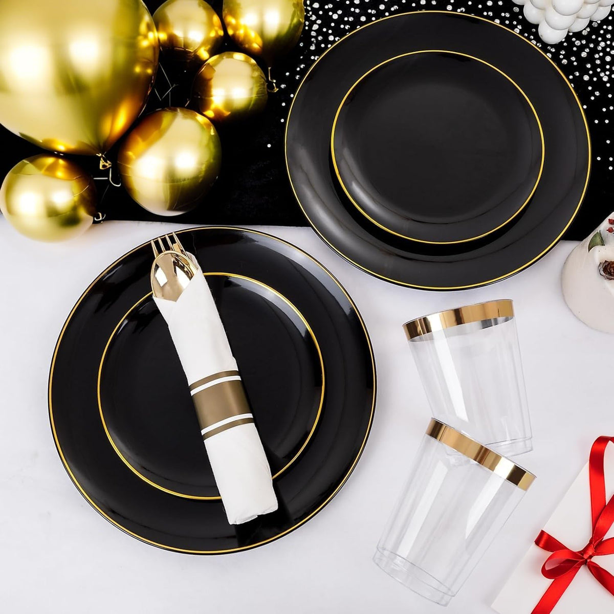 KIRE 350 PCS Plastic Dinnerware Set for 50 Guests - Black and Gold Plates 50 for Dinner 50 for