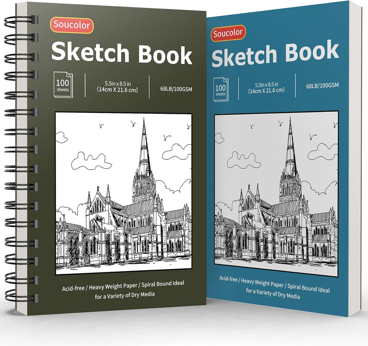 Soucolor 5.5" x 8.5" Sketchbook Pack of 2, 200 Sheets Blank Journal Notebook, A5, Spiral Bound
