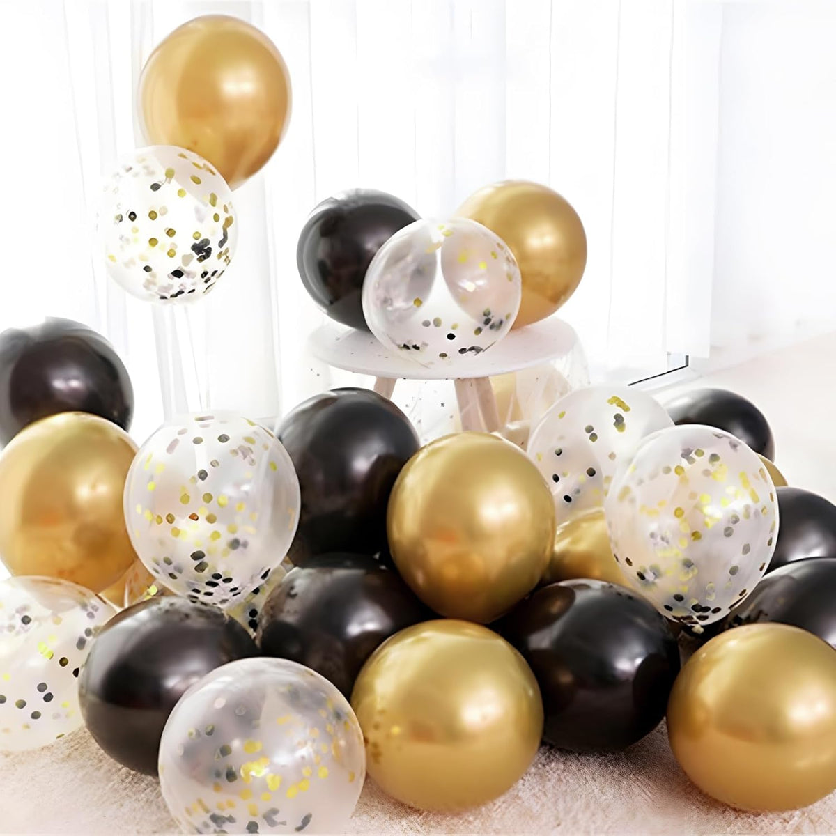 Patimate Black Gold Confetti Balloons Set, 50 pcs 12 inch Metallic Gold Black Confetti Latex