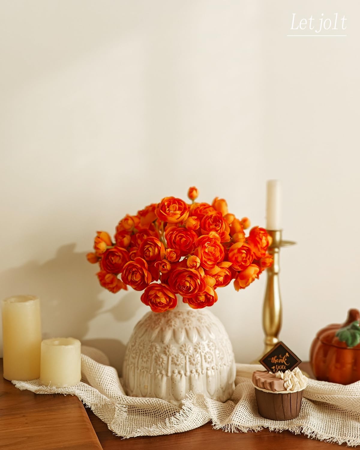 Letjolt Ranunculus Artificial Flower 18 Pcs Orange Silk Ranunculus Wedding Bouquet Engagement