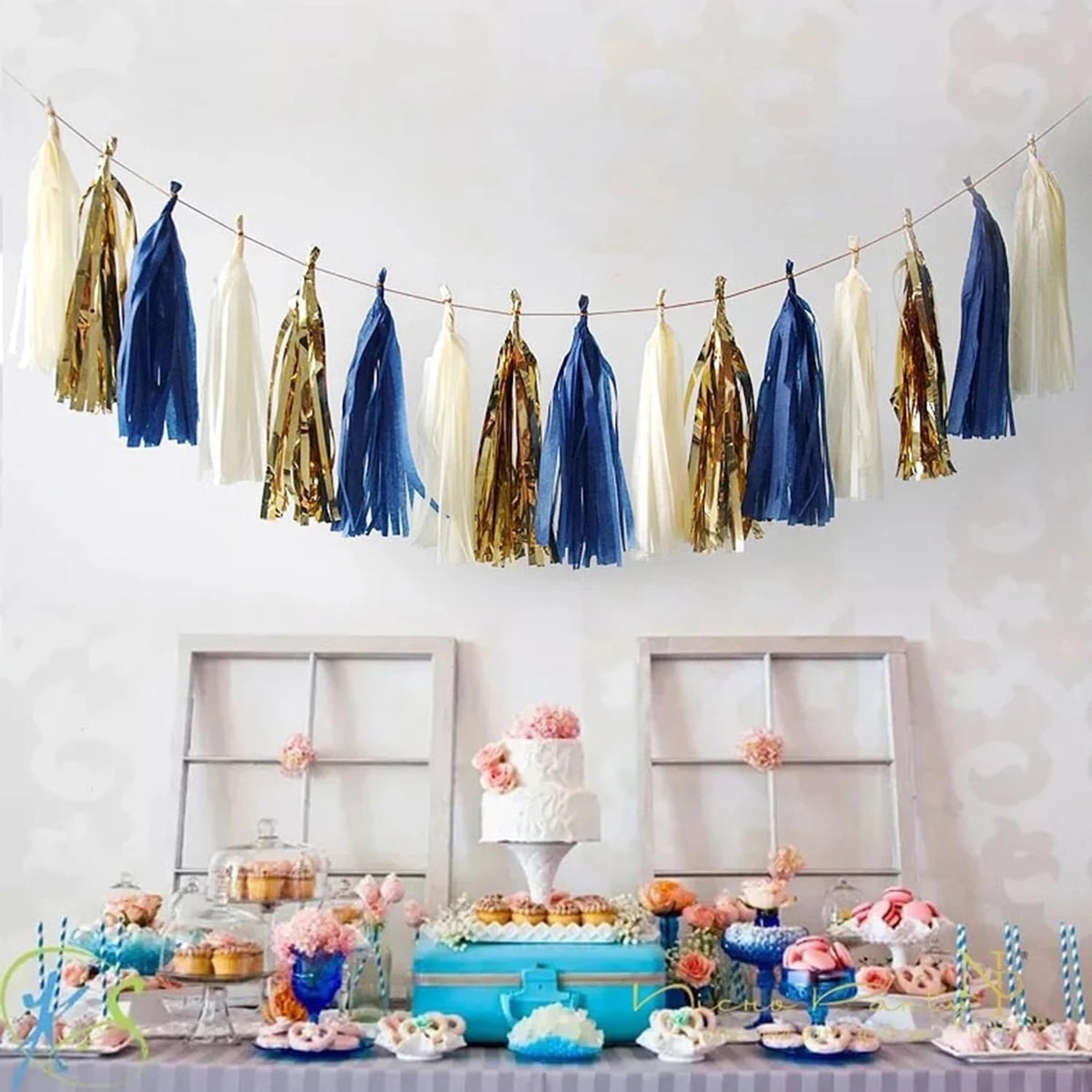 GAKA Navy Blue and Light Blue Tissue Paper Tassel(3 Colors),Paper Tassel Garland Banner for Party