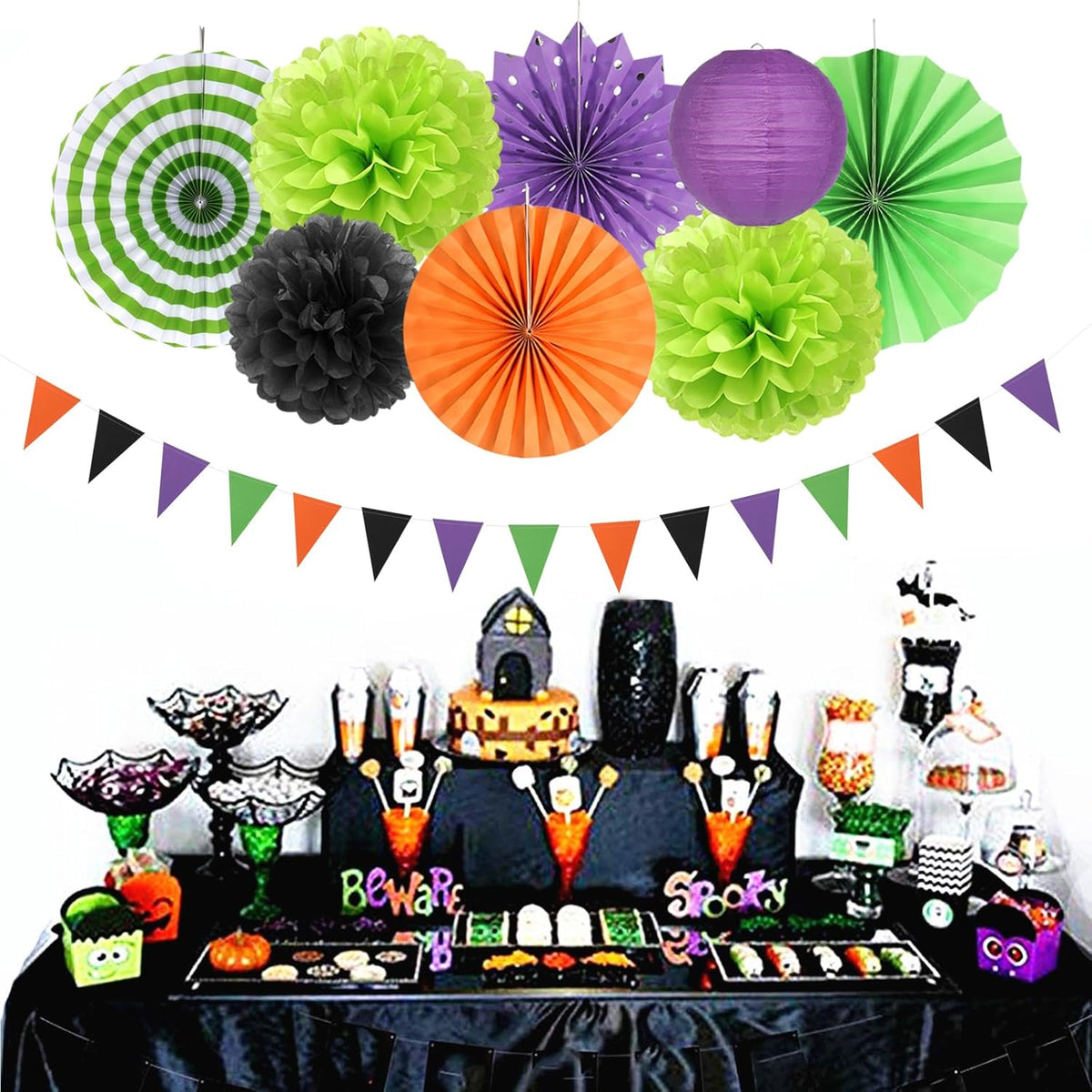 Black Purple Orange-Green Halloween Party-Decorations - 20pcs Paper Lanterns Fans,Tissue Pom