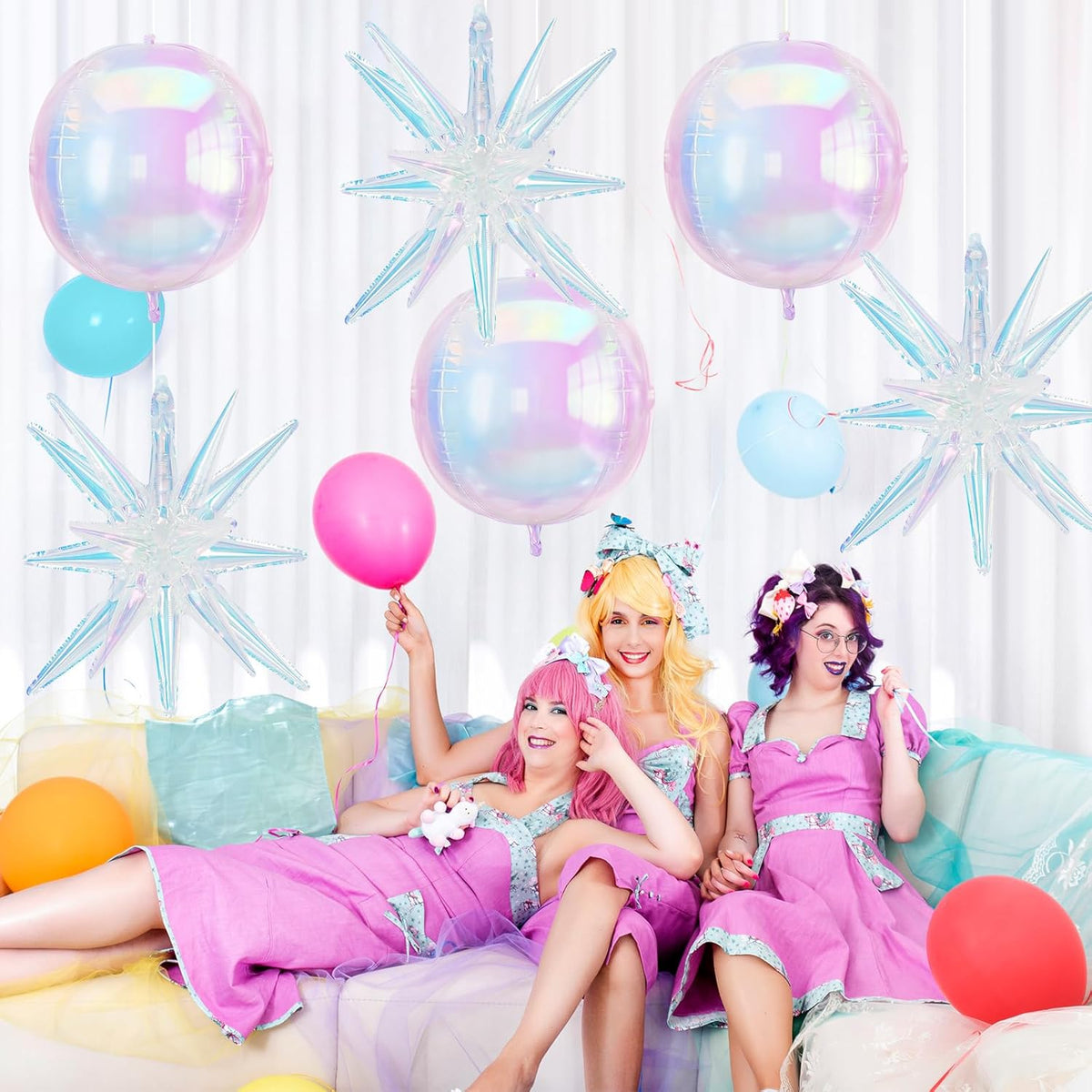 6Pcs Iridescent Foil Balloons, 22in 4D Round Ball and 18in Explosion Star Iridescent Balloons