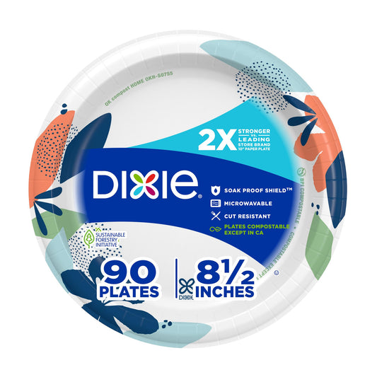 Dixie Medium Paper Plates, 8.5 Inch, 90 Count, 2X Stronger*, Microwave-Safe, Soak-Proof, Cut