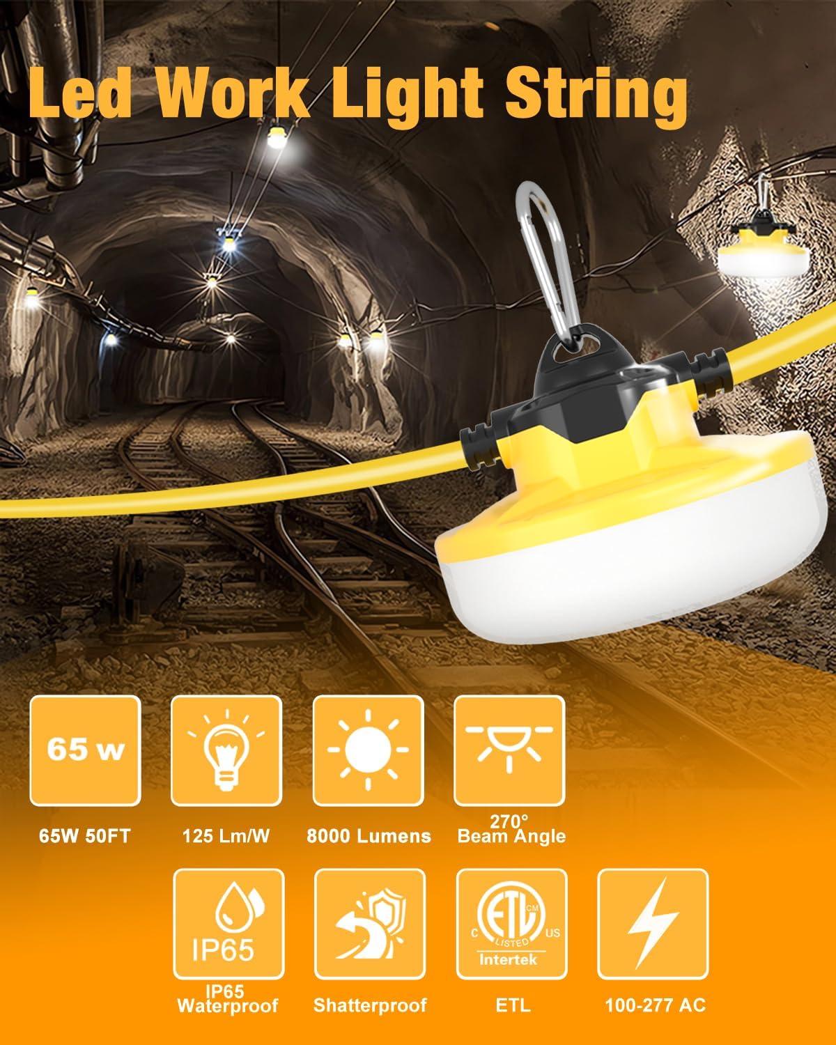 LED Construction String Light 50FT, 65W 8000Lm Industrial LED String Work Lights with 5 Bulbs