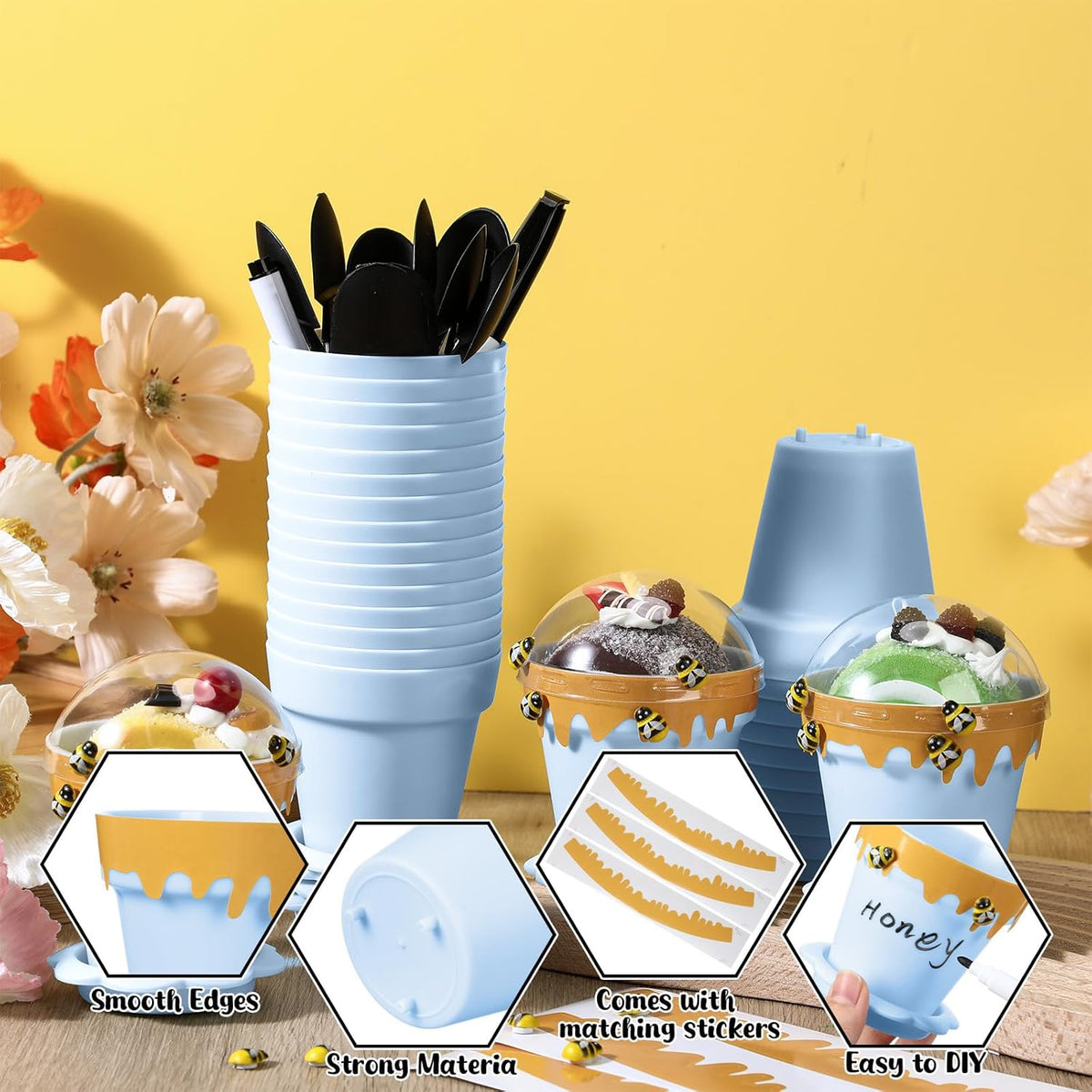 30 Sets Mini Honey Bee Pots with Lids, Spoon, Saucers and Bee Charms, 6.76 OZ Plastic Honey Jars