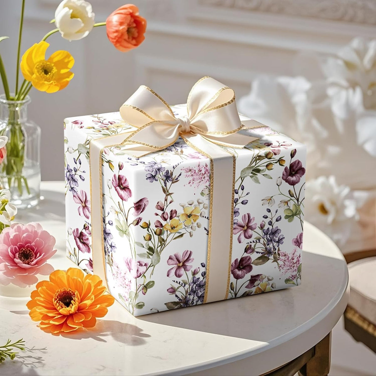 RUSPEPA Floral Wrapping Paper Roll Women Girls, Mini Roll, Watercolor Wild Flower with Delicate