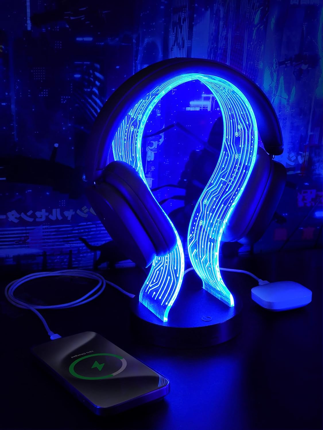 Light Up Headphone Stand with 16 Color Lights, PCB Pattern Acrylic Headset Stand with 1 USB and 1
