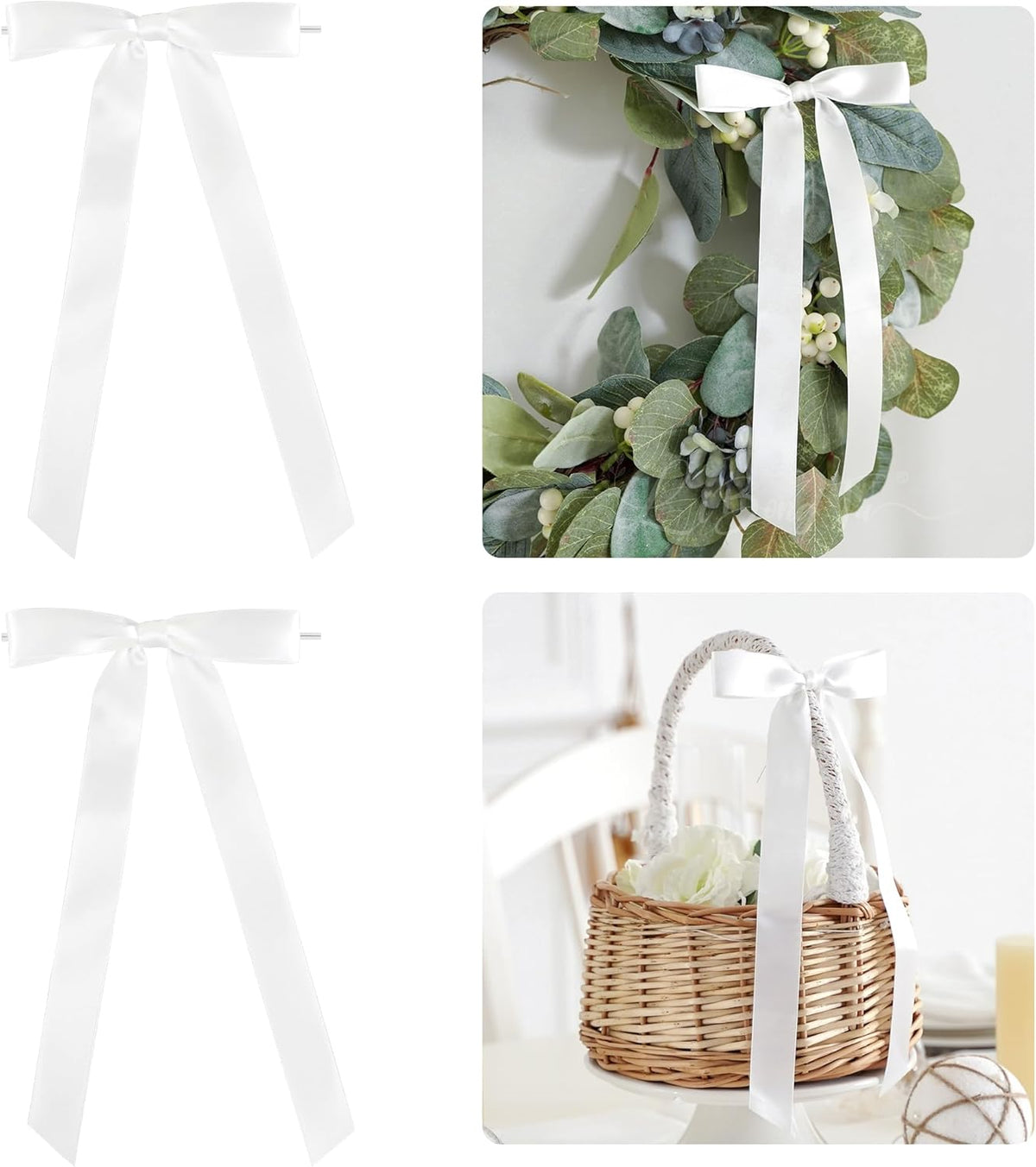 50 PCs White Bow Decor 5.5'' Satin Bows with Long Tail, Twist Tie Bows for Craft, Packaging Ribbon