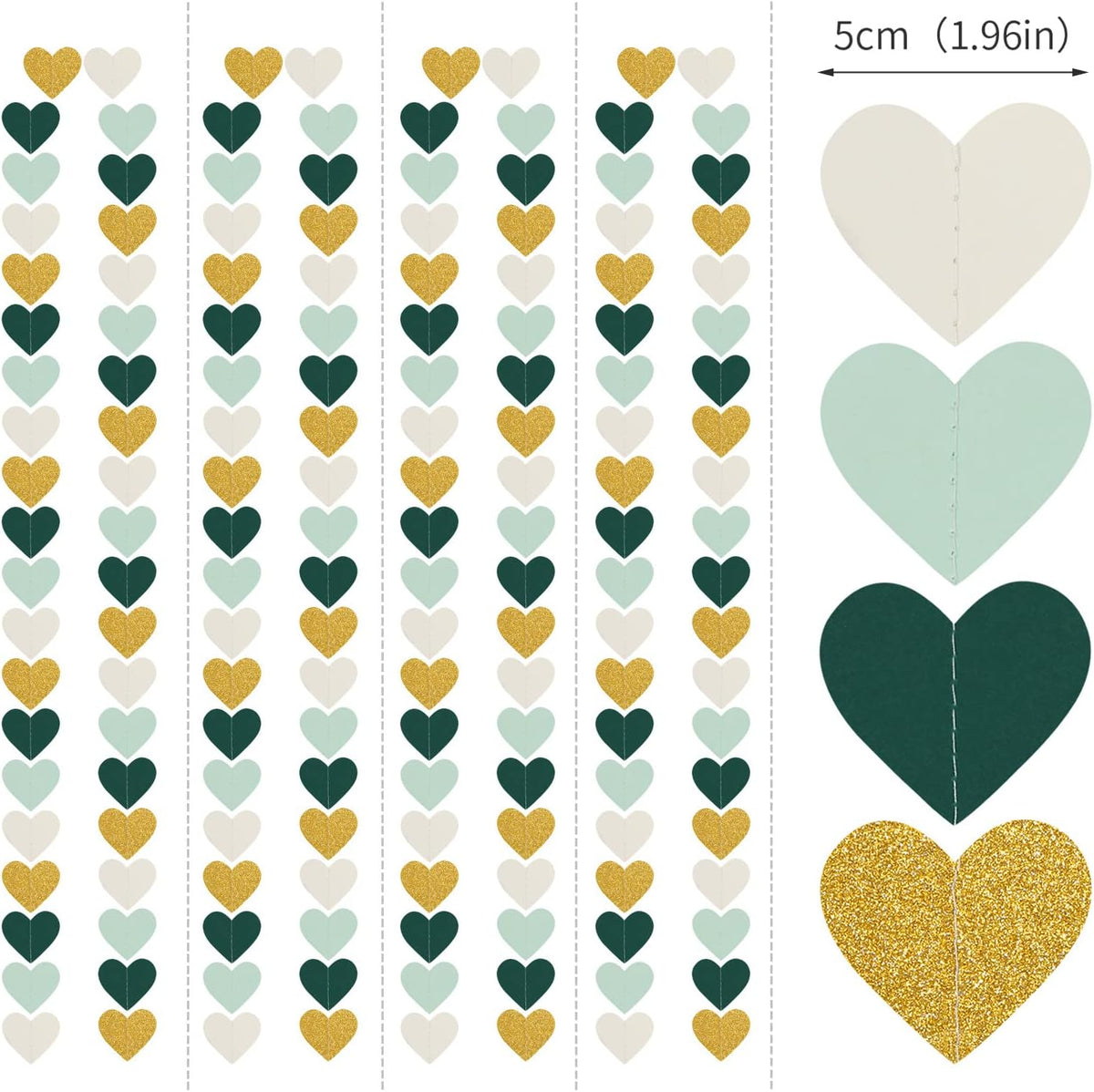 Sage-Green Mint Beige-Gold Love-Heart Garland - 52Ft Rustic Wedding Hanging Decoration Streamers