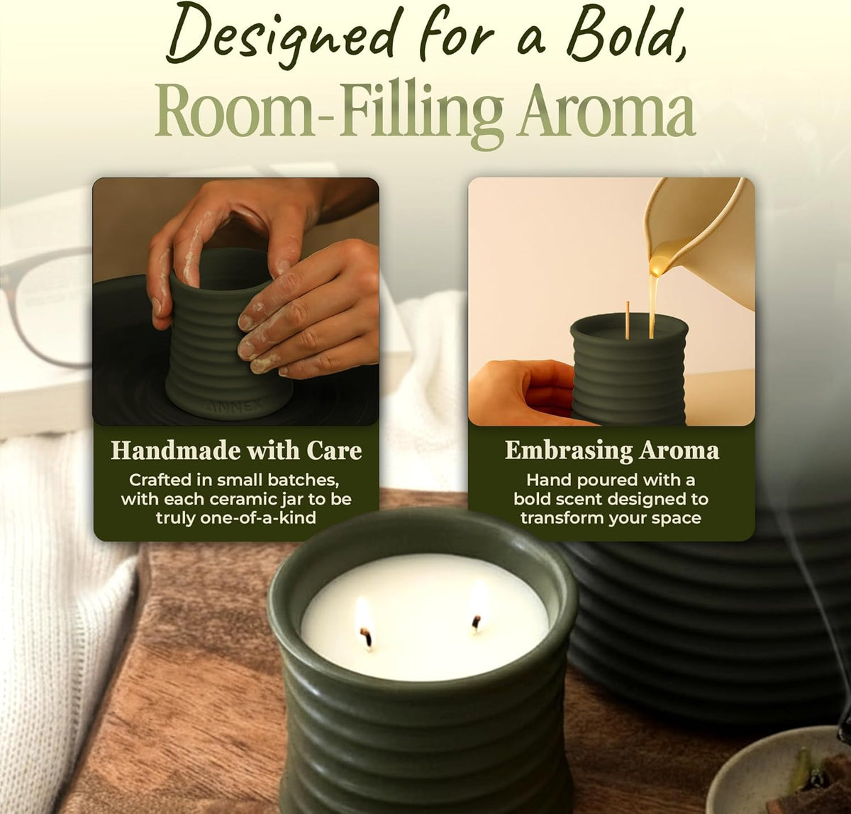 Scented Luxury Candles in Handmade Ceramic Jars, Soy Wax | Woody Wood – Oud & Agarwood, Large