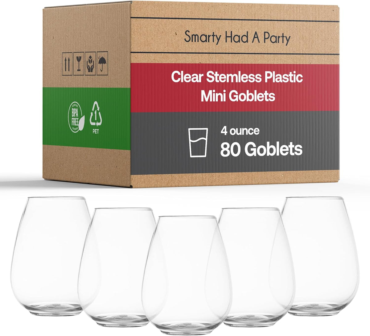 Smarty Had A Party 4 oz Clear Stemless Plastic Mini Goblets, Unbreakable Disposable Wine Goblets