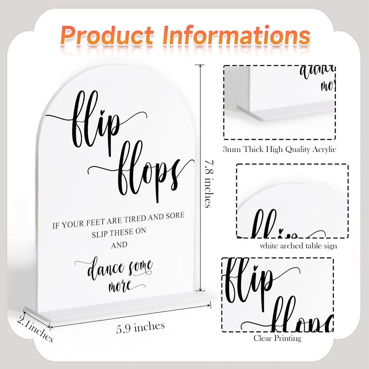 Wedding Flip Flops for Guests Sign, White Arch Acrylic Sign, Wedding Dance Floor Props, Bridal
