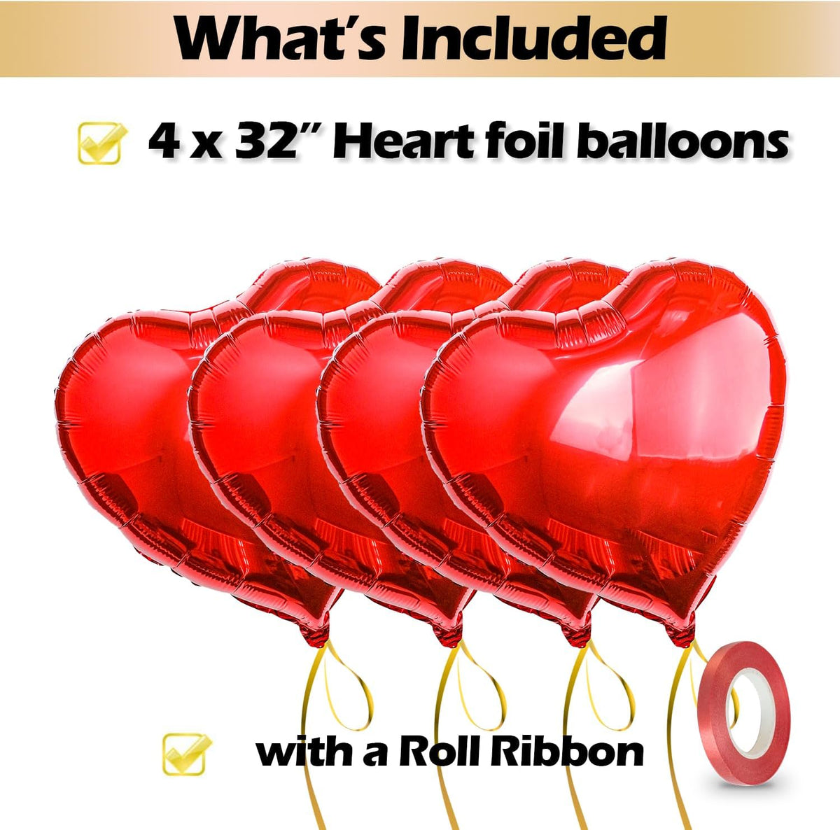 [4 Pcs] 32" Big Red Heart Foil Balloons, Big Giant Jumbo Heart Shaped Mylar Aluminium Decoration
