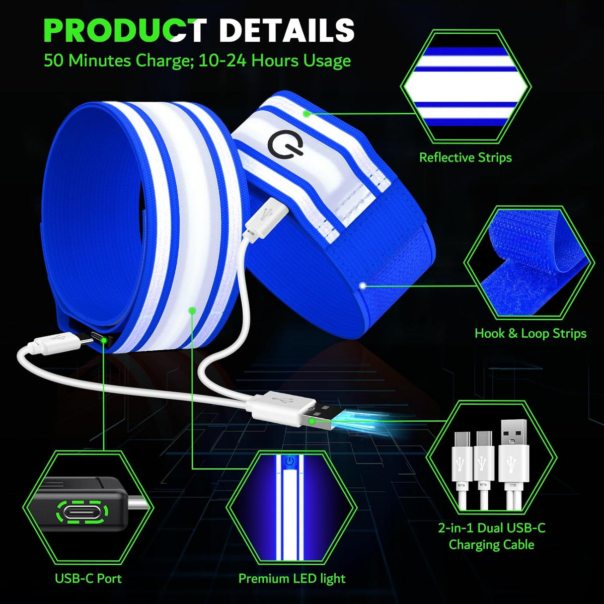 LED Armband for Running(2 Pack),Light Up Arm Bands for Night Walking Running,Rechargeable Lights