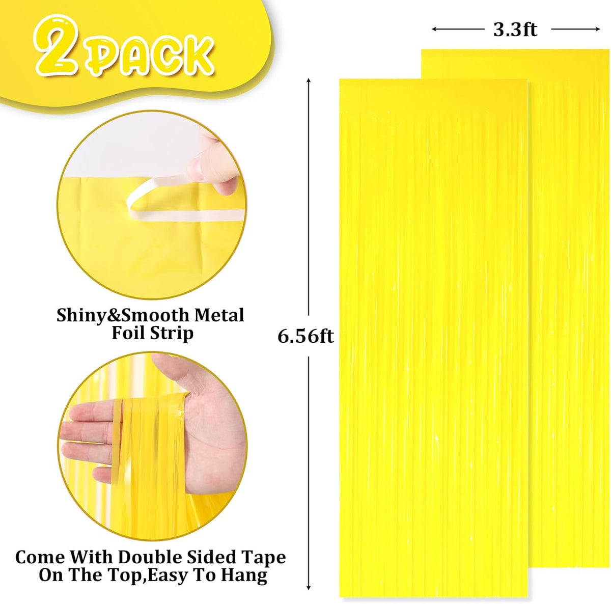 2 Pack Pastel Yellow Tinsel Foil Fringe Curtains, Yellow Party Decorations, Metallic Tinsel Party