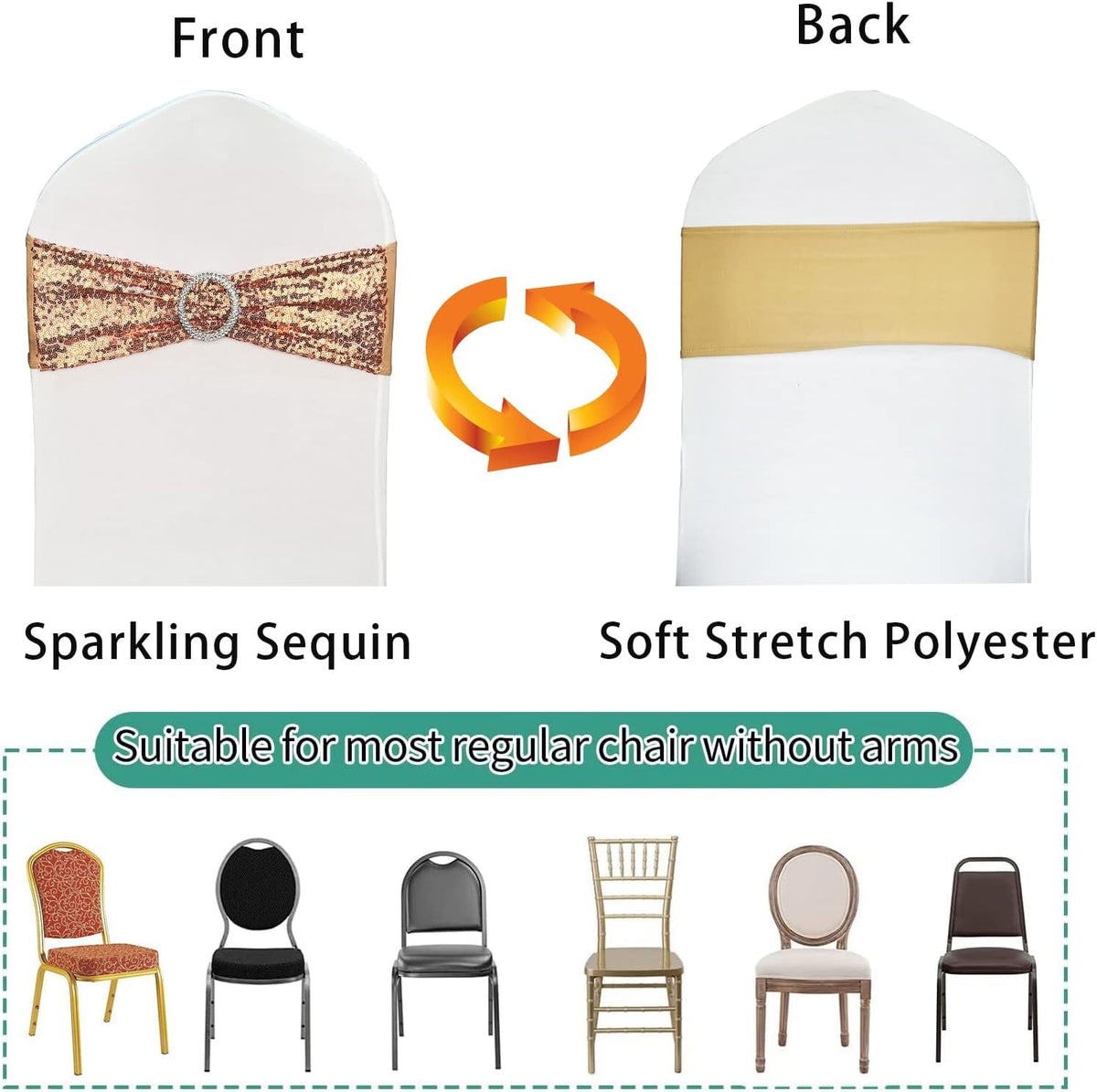 25 Pcs Chair Sashes Sequin Stretch Chair Bands Spandex Polyester Bows for Party Hotel Wedding