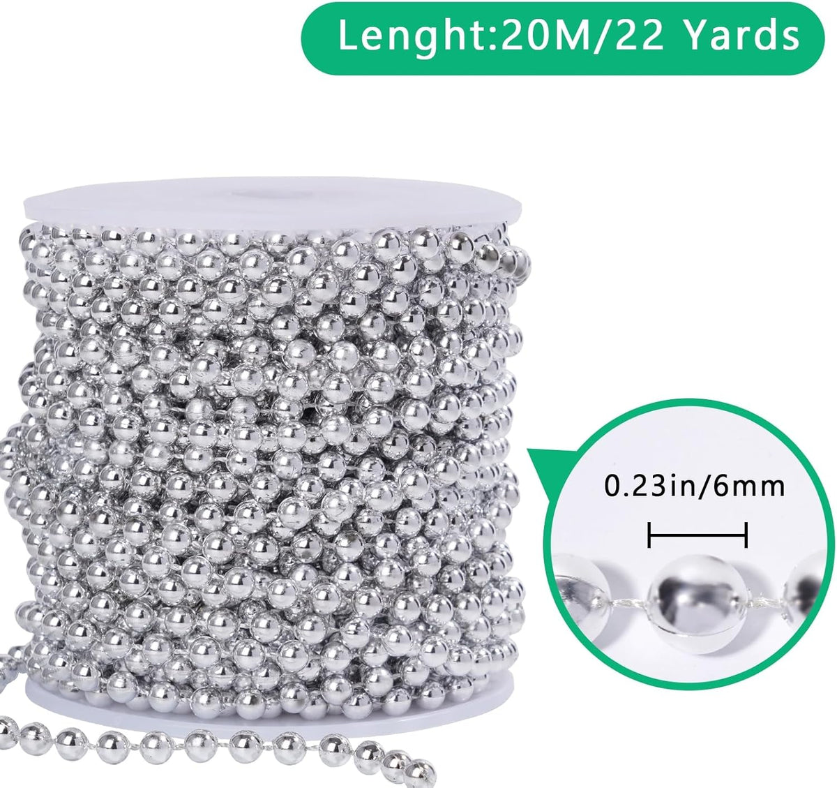 Faux Silver Pearl Beads Garland - 6mm Christmas Tree Beads 22 Yards Spool Pearl String Roll for