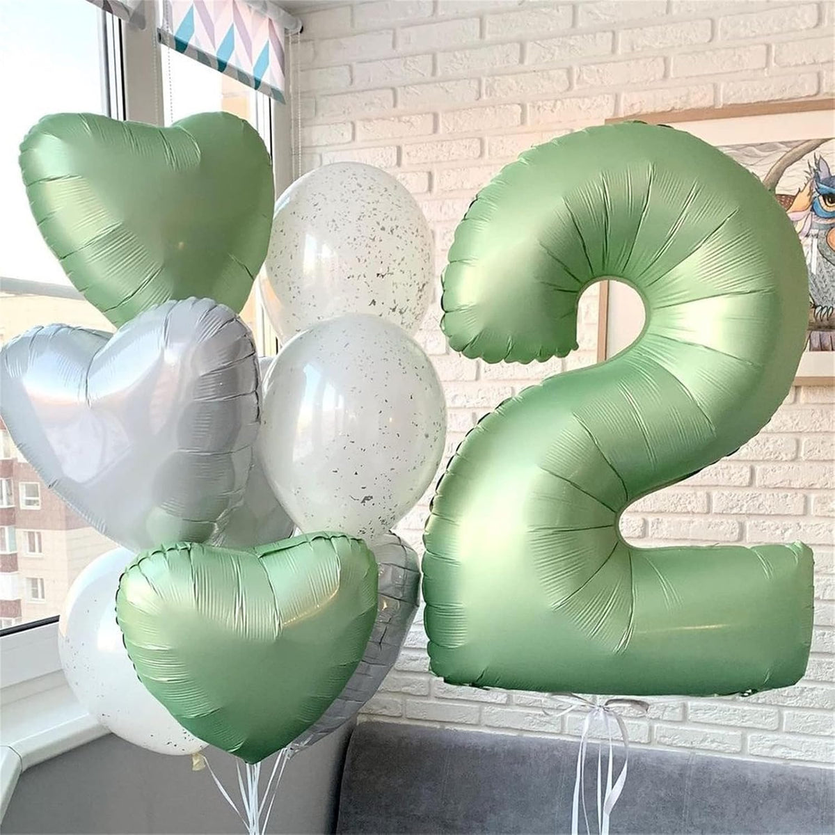 40" Balloon Number 2 Sage Green, Large Foil Number Balloons Set 0-9, Olive Green 2 Helium Balloons