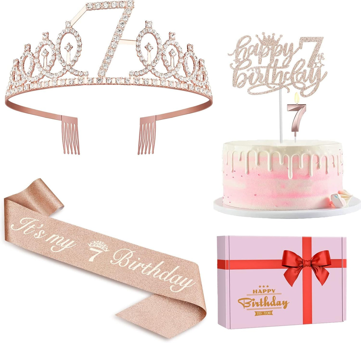 7th Birthday Decorations for Girl with Sash and Tiara, Numeral Candle and Cake Topper, 7 Year Old