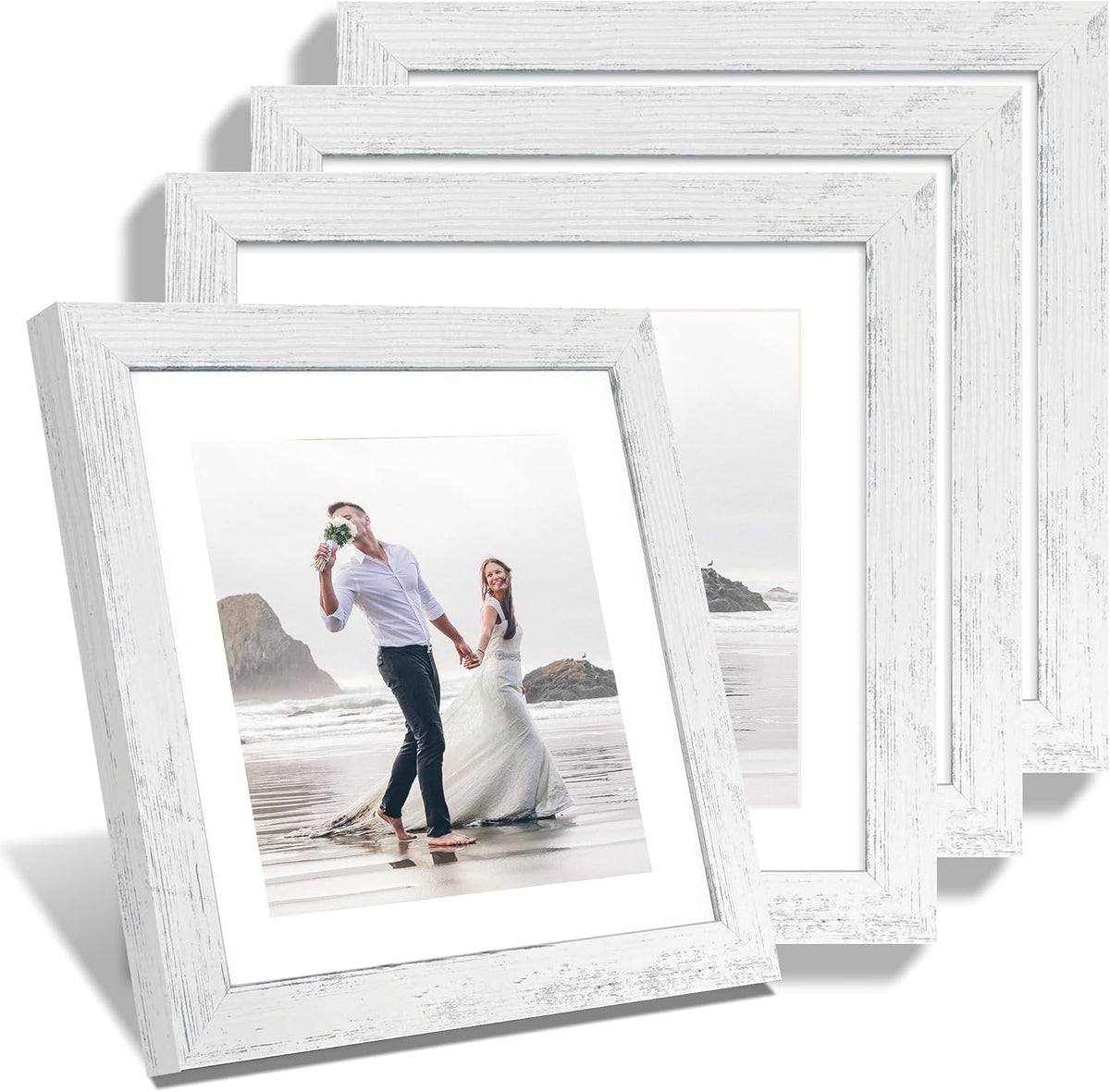 10x10 Picture Frame Set of 4 with Real Glass, Distressed White Frame Display 8x8 Pictures with Mat