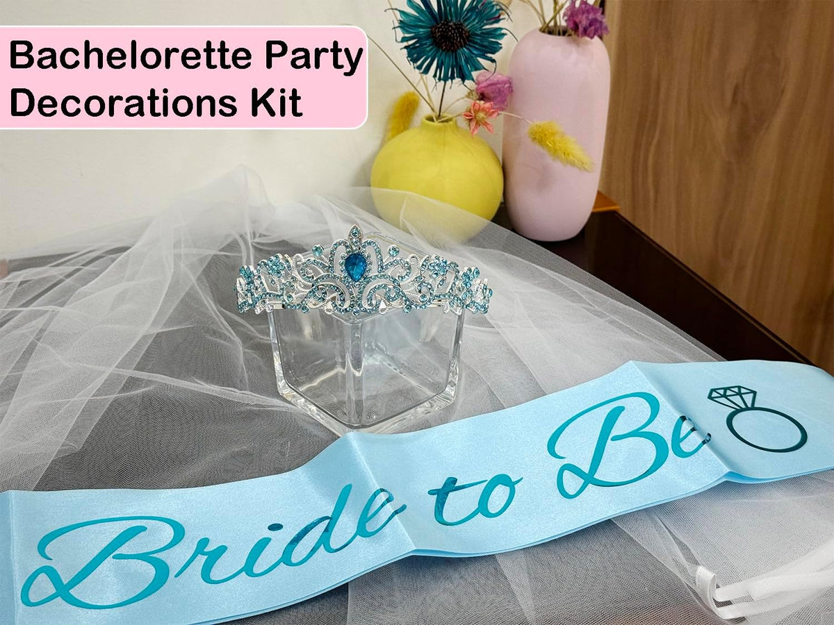 JETKONG 3 Pcs Bachelorette Party Decorations Bridal Shower Crown, Bride to Be Sash&Veil for Women