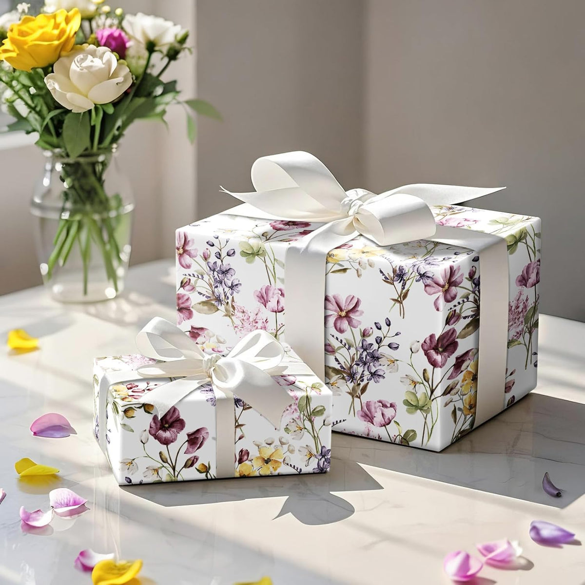 RUSPEPA Floral Wrapping Paper Roll Women Girls, Mini Roll, Watercolor Wild Flower with Delicate
