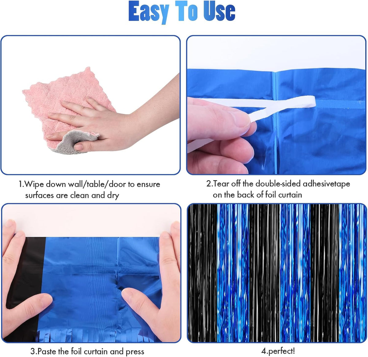 CANREVEL 2 Pack 3.3x8.2 Feet Black and Blue Foil Fringe Backdrop Curtains, Tinsel Streamers for