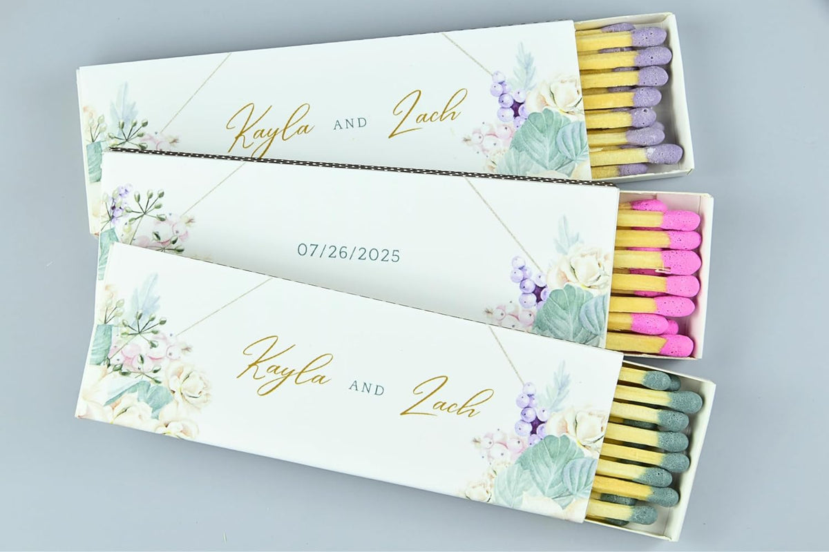 10 Boxes - Customized Matchboxes Colorful Tips (Wedding Design #5, 4" Matchboxes) (4" Matchsticks