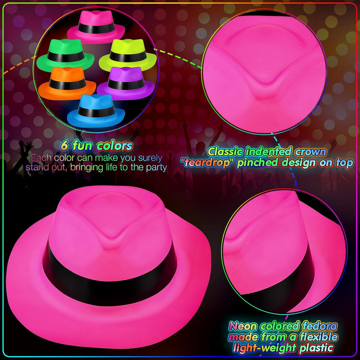 54 Pieces Neon Party Supplies Glow in The Dark Parties Supplies 18 Pcs Neon Gangster Party Hats 18