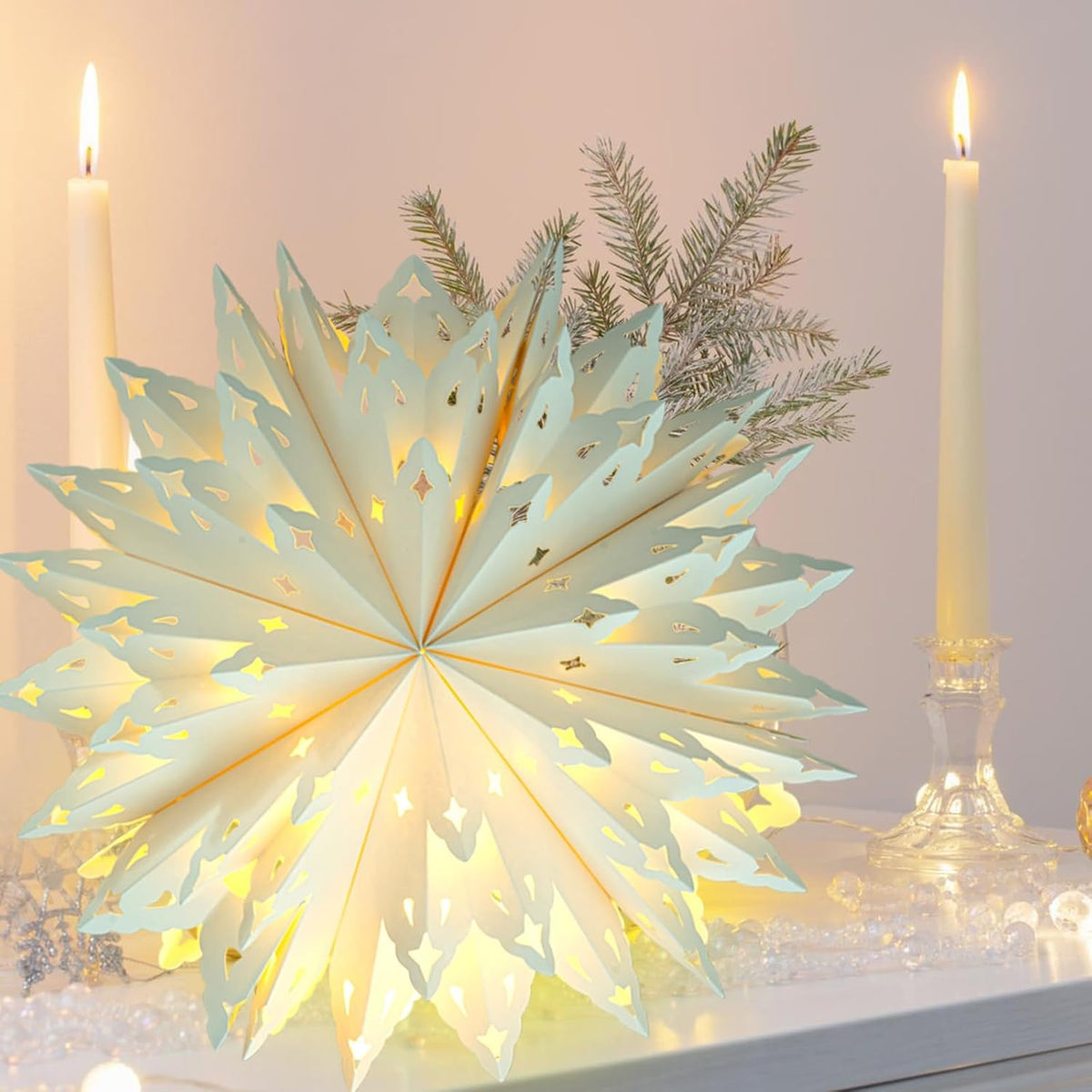 Christmas Paper Snowflake Lanterns, 2 Pack Christmas Paper Star Lantern with LED Light White