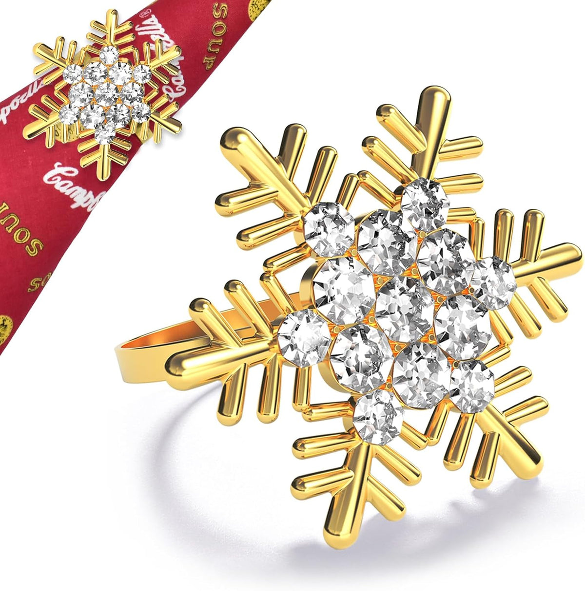 Halatool Christmas Napkin Rings Set of 12, Gold Snowflake with White Rhinestone Napkin Holder for