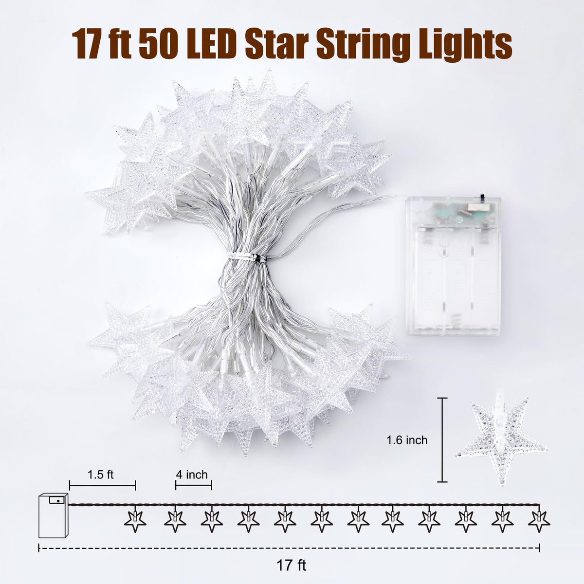 Minetom Star String Lights Battery Operated - 17 ft 50 LED Star Fairy String Lights with Timer