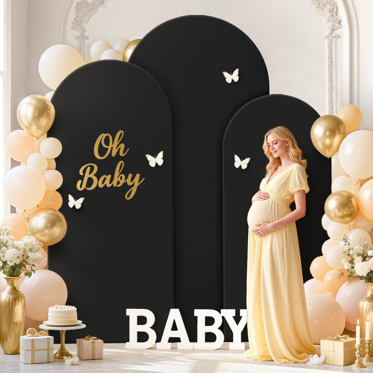 FOTSHARER Wedding Arch Backdrop Stand and Black Arch Covers Stretchy Backdrop Set of 3 (7.2FT