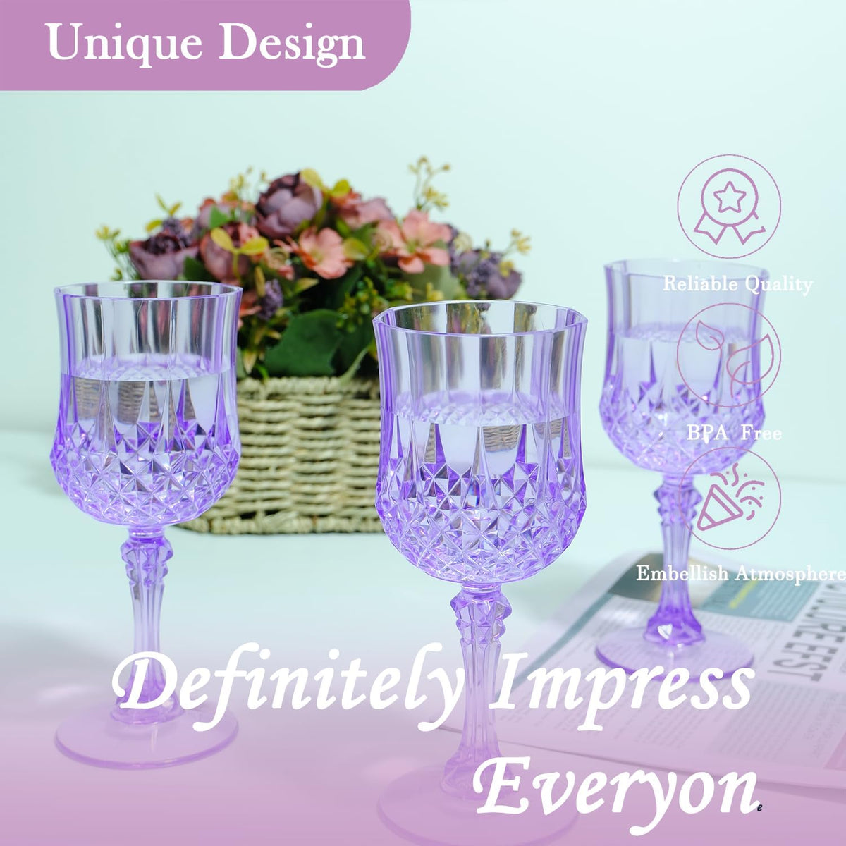 Plastic Wine Glasses，Plastic Goblets Vintage Style Cordial Drinking Glasses for Wedding Reception
