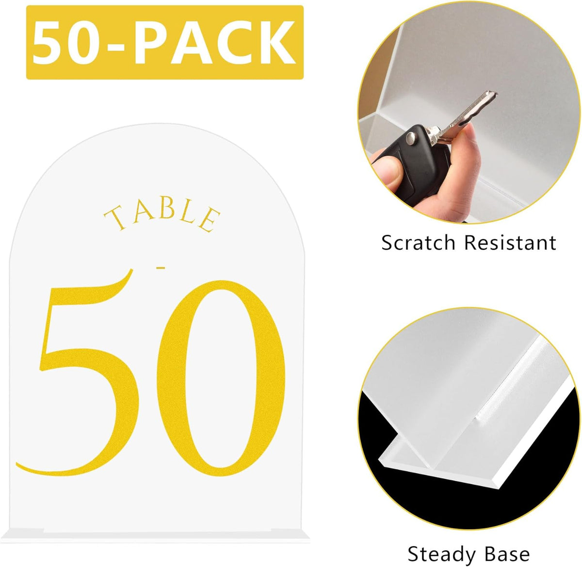 JOYIT Frosted Arch Wedding Table Numbers 1-50 with Stands – 5" X 7" Acrylic Gold Table Number