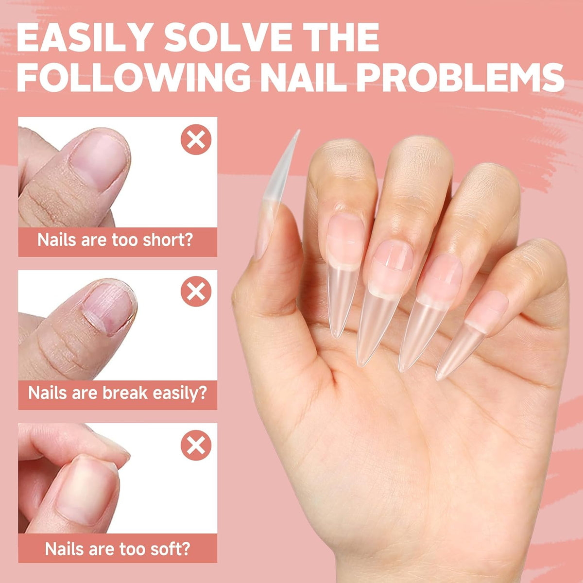UNA GELLA Stiletto Gel Nail Tips 504pcs Long Stiletto Almond Clear Curved Nails Tips Half Cover