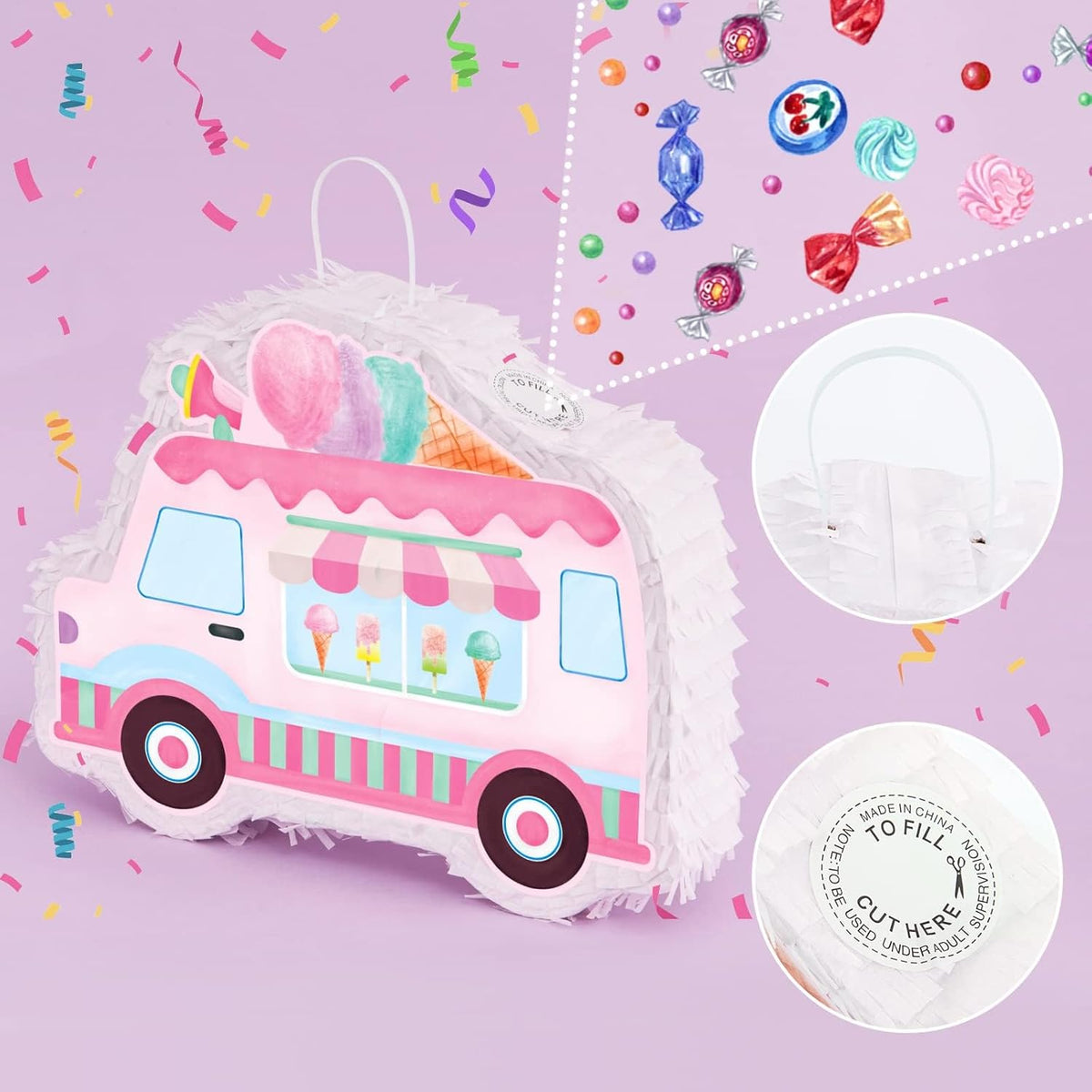 WERNNSAI Ice Cream Piñata -15.7'' x 12.2'' Ice Cream Truck Piñata with Stick and Blindfold Birthday