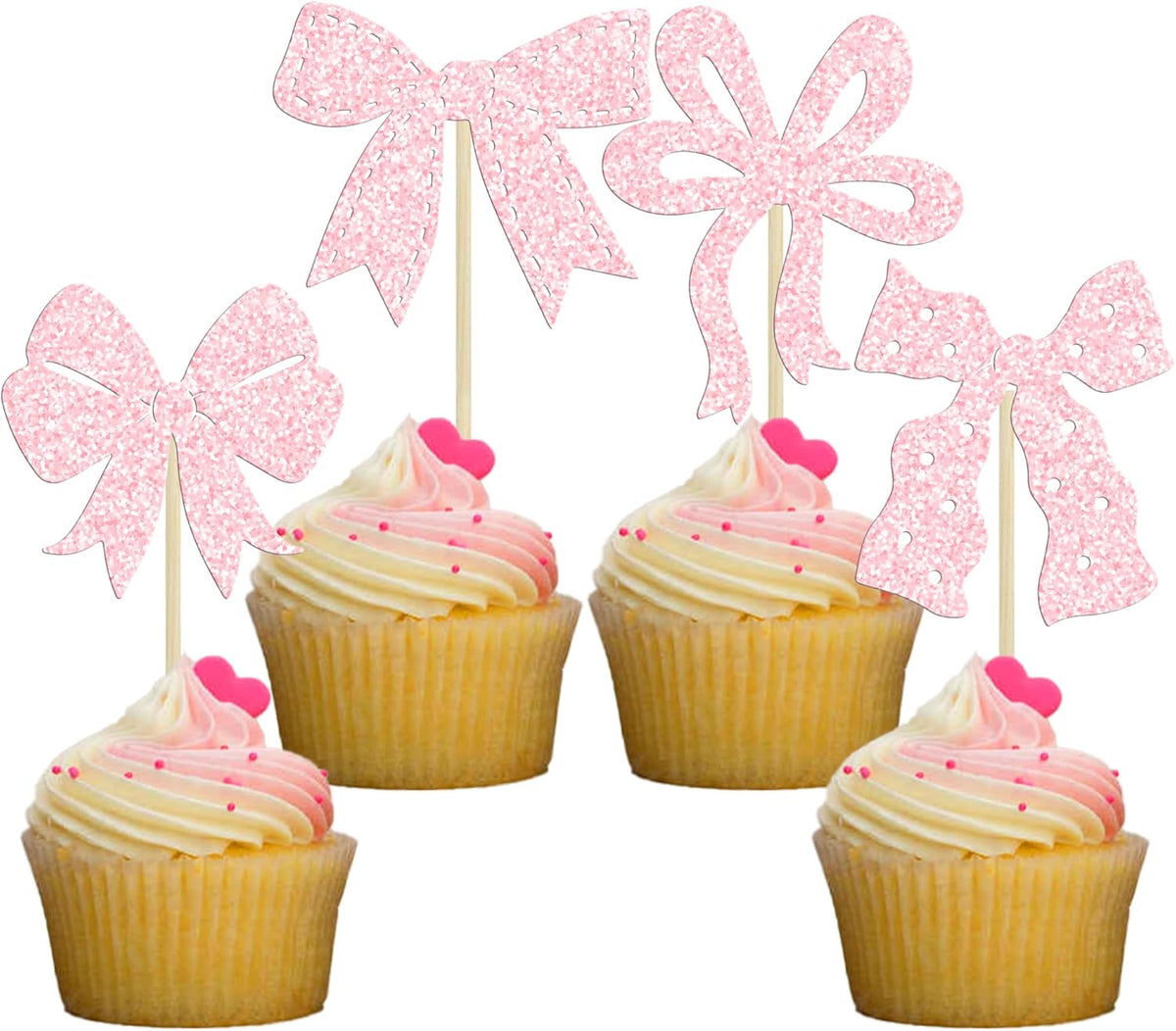 Ephlyn 24Pcs Light Pink Bow Cupcake Toppers - Bowknot Cupcake Decorations for Bridal, Baby Shower
